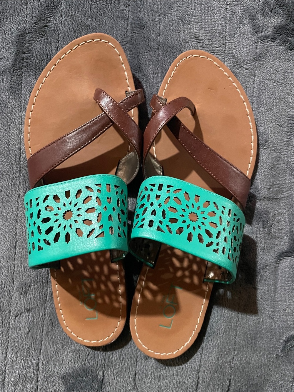 LOFT Women’s Brown & Teal Laser-Cut Slide Sandals